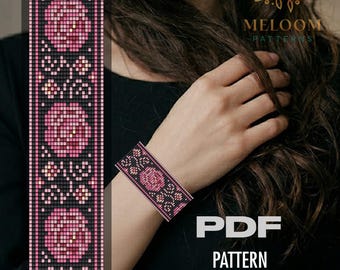 Roses Flower Loom Bracelet Pattern, Miyuki Delica Seed Bead Floral Ornament Design (PDF Download)