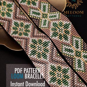 May include: Two loom bracelets with a geometric pattern in shades of brown, green, white, and gold. The bracelets are made of small beads and have a black backing. The image also includes the text "PDF Pattern Loom Bracelet Instant Download".
