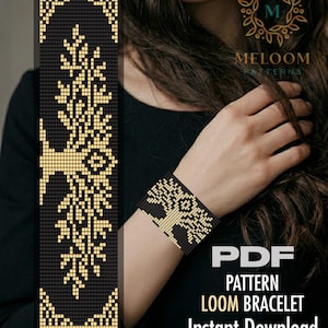 May include: A black and gold loom bracelet featuring a tree design, displayed alongside a digital pattern grid. The text reads PDF PATTERN LOOM BRACELET Instant Download and MELOOM PATTERNS. The bracelet is worn on a wrist, showcasing the geometric beadwork.