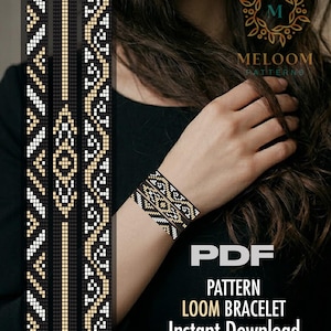 Może przedstawiać: Czarny, biały i złoty wzór bransoletki tkackiej z geometrycznymi wzorami. Obraz zawiera również wzór PDF z tekstem "PATTERN LOOM BRACELET Instant Download". Widoczne jest logo Meloom Patterns.
