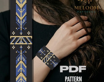 Blue Gold Feather Loom Bracelet Pattern, Miyuki Delica Beadwork Design (PDF Instant Download)