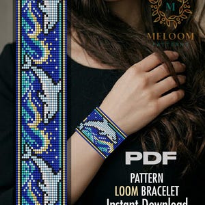 Könnte beinhalten: Ein Perlenwebmuster für ein Armband mit einem wiederkehrenden Motiv aus weißen Delfinen, die über blau-gelbe Wellen vor einem dunkelblauen, sternenbesetzten Hintergrund springen. Das digitale Dokument enthält den Text PDF PATTERN LOOM BRACELET Instant Download.