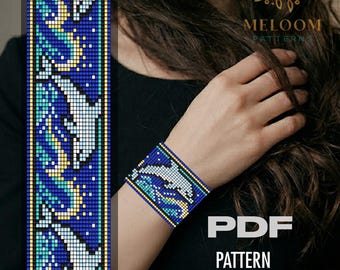 Blue Dolphin Bead Loom Pattern Bracelet, Miyuki Delica Beadwork Turquoise Design (PDF instant Download)