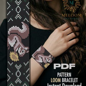 May include: A beaded loom bracelet featuring a pixelated squirrel design in shades of brown, white, and yellow against a black background. The pattern includes geometric white accents. Text on the image reads PDF PATTERN LOOM BRACELET Instant Download.