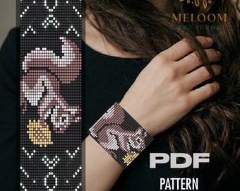 Squirrel Bead Loom Pattern Bracelet, Miyuki Delica Handmade Beadwork Wide Design (PDF instant Download)