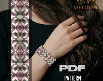 Beige Flowers Loom Bracelet Pattern, Miyuki Delica Beadwork Floral Design (PDF Digital Download)