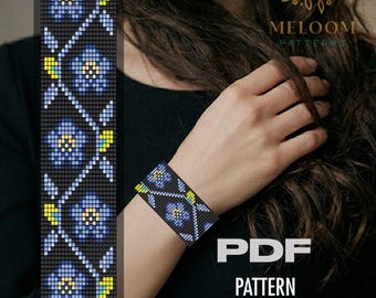 Blue Flowers Loom Bracelet Pattern, Miyuki Delica Beadwork Floral Design (PDF instant Download)