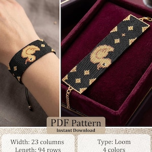 Könnte beinhalten: Ein schwarz-goldenes Perlenarmband mit Entenmotiv und geometrischen Akzenten. Das Muster ist für ein Webdesign mit Miyuki Delica 11/0 Perlen, misst 3,2 cm mal 16 cm, mit einer Breite von 23 Spalten und einer Länge von 94 Reihen in 4 Farben.
