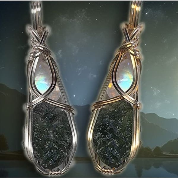 Genuine Moldavite Moonstone Pendant Necklace - 14K Gold Filled Czech Republic Tektite Healing Stones Jewelry MMn1