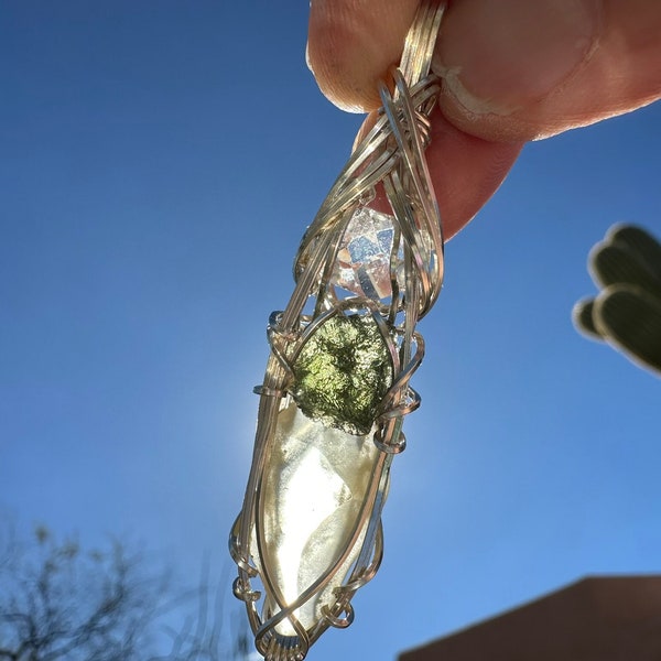 Genuine Moldavite with Libyan Desert Glass and Herkimer Diamond Pendant Necklace in Sterling Silver High Vibration Healing Jewelry MLH