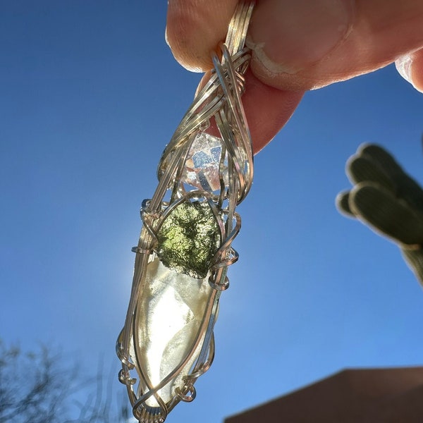 Véritable moldavite avec verre du désert de Libye et pendentif en diamant Herkimer en argent sterling, bijoux de guérison haute vibration MLH