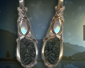 Genuine Moldavite Moonstone Pendant Necklace - 14K Gold Filled Czech Republic Tektite Healing Stones Jewelry MMn1