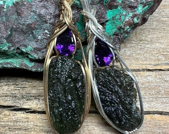 Moldavite - Genuine Moldavite Crystal Amethyst Necklace Pendant - Moldavite Necklace- Moldavite Gold - Tektite Healing  Crystals Jewelry MA9