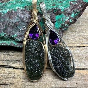 Moldavite - Genuine Moldavite Crystal Amethyst Necklace Pendant - Moldavite Necklace- Moldavite Gold - Tektite Healing  Crystals Jewelry MA9