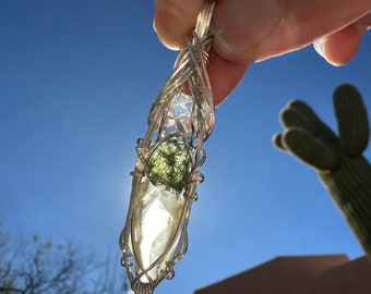 Genuine Moldavite with Libyan Desert Glass and Herkimer Diamond Pendant Necklace in Sterling Silver High Vibration Healing Jewelry MLH