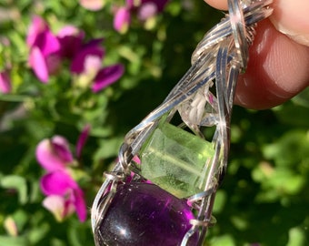 Amethyst Peridot Crystal and Herkimer Diamond Necklace Pendant sterling silver detox weight loss vibration energy Dtxs1