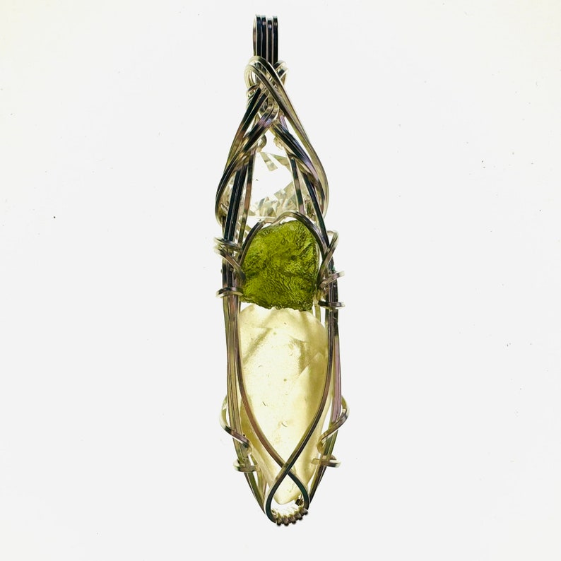 Genuine Moldavite with Libyan Desert Glass and Herkimer Diamond Pendant Necklace in Sterling Silver High Vibration Healing Jewelry MLH image 7