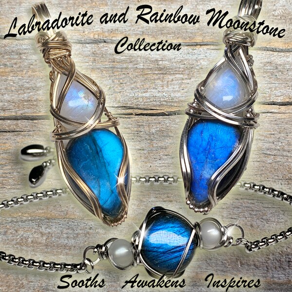 Blau Labradorit und Regenbogen Mondstein Sterling Silber oder Gold Filled Anhänger Halskette emotionales Gleichgewicht und Schutz Schmuck LbMn