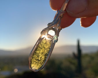 Genuine Moldavite Crystal with Large Herkimer Diamond Necklace Pendant Czech Republic Tektite Healing Stone, VERY high vibration Jewelry S61