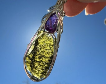 Moldavite - Genuine Moldavite Crystal Amethyst Necklace Pendant - Moldavite Necklace- Moldavite Gold - Tektite Healing  Crystals Jewelry MA9