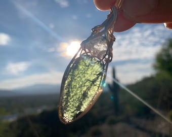 Genuine Moldavite Crystal with Large Herkimer Diamond Necklace Pendant Czech Republic Tektite Healing Stone, VERY high vibration Jewelry G61