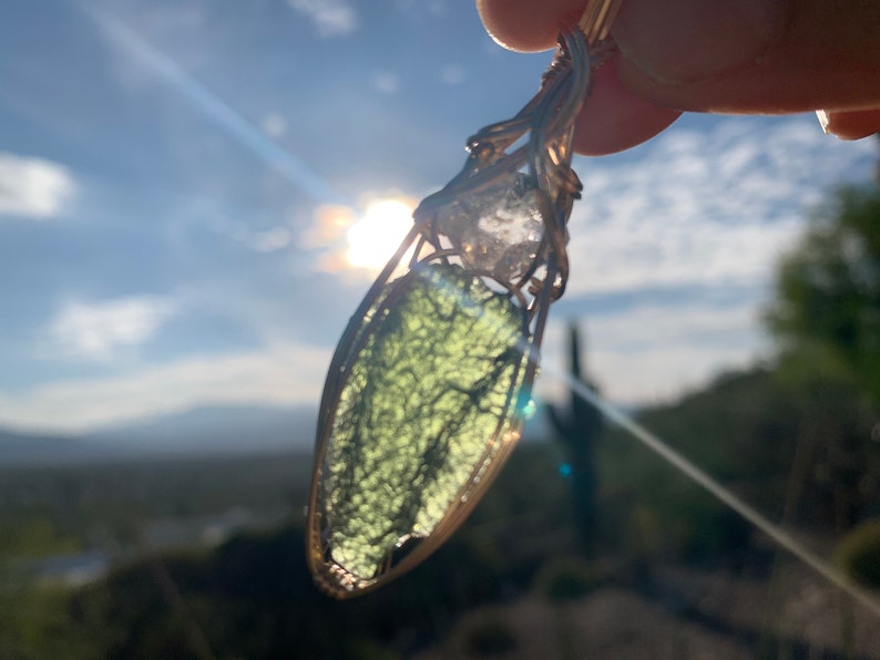 Genuine Moldavite Crystal with Large Herkimer Diamond Necklace Pendant Czech Republic Tektite Healing Stone, VERY high vibration Jewelry G61 image 1