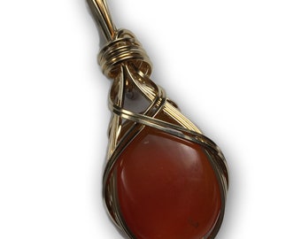 Carnelian Crystal Necklace Pendant 14k - Gold Filled Deep Orange Pendant, Leather Necklace, Exact Gem in Picture, Elegant Gift Box CG45