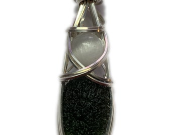 Moldavite Crystal with Selenite Necklace Pendant Czech Republic Tektite Healing Stone, VERY high vibration Selinte Jewelry s55