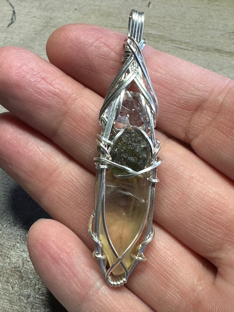 Genuine Moldavite with Libyan Desert Glass and Herkimer Diamond Pendant Necklace in Sterling Silver High Vibration Healing Jewelry MLH image 6