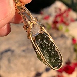 Genuine Moldavite Crystal with Large Herkimer Diamond Necklace Pendant Czech Republic Tektite Healing Stone, VERY high vibration Jewelry G61 image 8