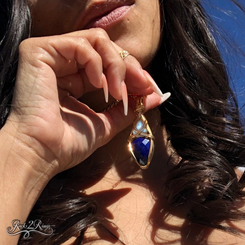 Lapis Lazuli and Moonstone Rainbow Blue Pendant Necklace Confidence love and Wellness Vibrations Jewelry LMG2 image 2