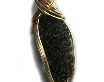 Moldavite Pendant Genuine Crystal Necklace  - Gold Czech Republic Warm Moldavite Tektite Healing Stones Jewelry  Leather Necklace 42g