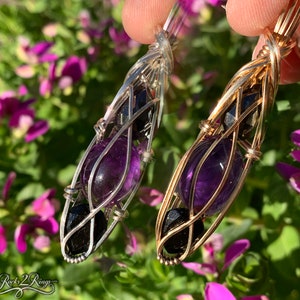 Schwarzer Turmalin Amethyst Hämatit Kristall Anhänger - Sterling Silber oder 14K Gold Fill