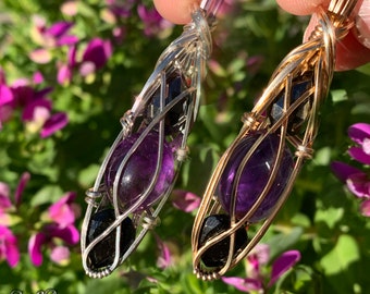 Black Tourmaline Amethyst and Hematite Crystal Necklace Pendant Sterling Silver or 14K Gold Fill  Protection Stone TABS1