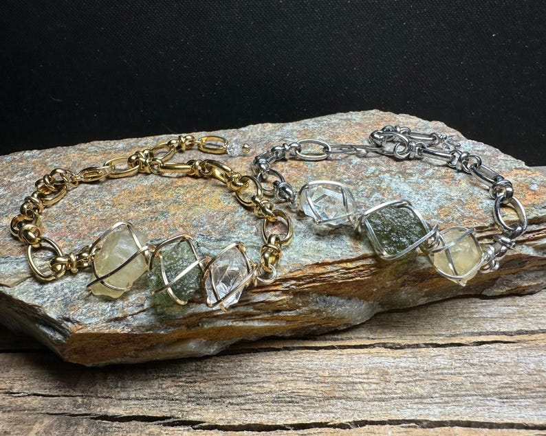 Genuine Moldavite with Libyan Desert Glass and Herkimer Diamond Pendant Necklace in Sterling Silver High Vibration Healing Jewelry MLH Bracelet .8 gram