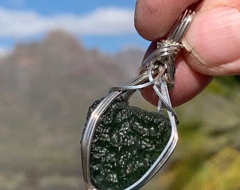 Genuine Czech MOLDAVITE Crystal Necklace Pendant 925 Silver Czech Republic Tektite Reiki, Exact Stone in Picture Wire Wrapped 3s8