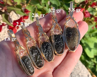 Genuine Moldavite Crystal with Large Herkimer Diamond Necklace Pendant Czech Republic Tektite Healing Stone, VERY high vibration Jewelry G61