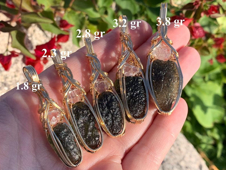 Genuine Moldavite Crystal with Large Herkimer Diamond Necklace Pendant Czech Republic Tektite Healing Stone, VERY high vibration Jewelry G61 image 2