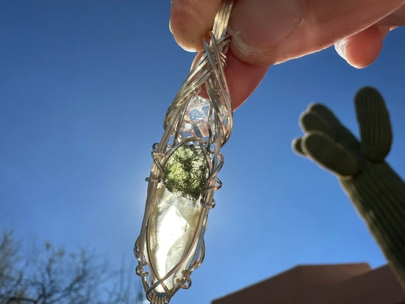 Genuine Moldavite with Libyan Desert Glass and Herkimer Diamond Pendant Necklace in Sterling Silver High Vibration Healing Jewelry MLH