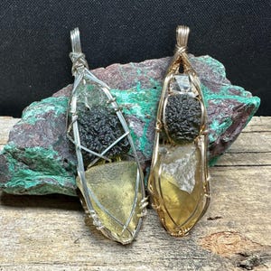 Genuine Moldavite with Libyan Desert Glass and Herkimer Diamond Pendant Necklace in Sterling Silver High Vibration Healing Jewelry MLH 3.8 gram Pendant