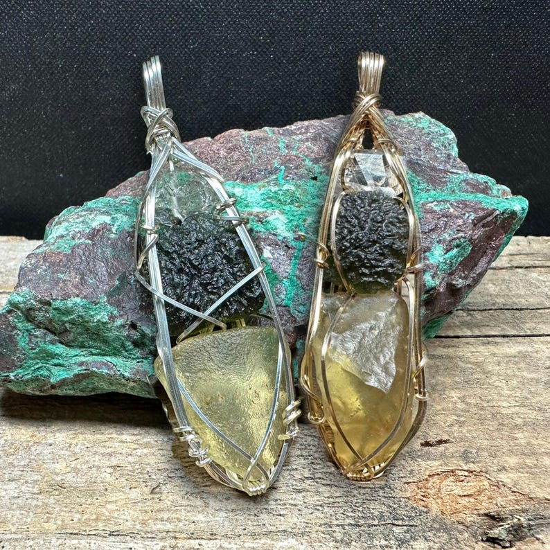 Genuine Moldavite with Libyan Desert Glass and Herkimer Diamond Pendant Necklace in Sterling Silver High Vibration Healing Jewelry MLH 3.8 gram Pendant