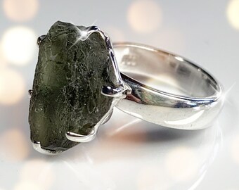 Genuine Moldavite Sterling Silver Ring Adjustable High Energy Vibration Transformation - Real Moldavite