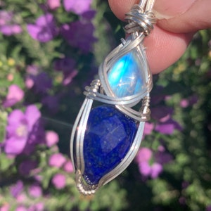 Lapis Lazuli and Moonstone Sterling Silver Rainbow Blue Pendant Necklace Confidence love and Wellness Vibrations Jewelry LMS1