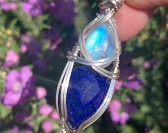 Lapis Lazuli and Moonstone Sterling Silver Rainbow Blue Pendant Necklace Confidence love and Wellness Vibrations Jewelry LMS1