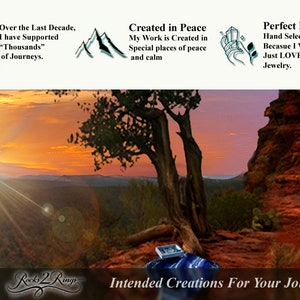 May include: A scenic sunset landscape with a tree in the foreground and a red rock formation in the background. The text "Rocks 2 Rings" and "Intended Creations For Your Journey" are visible at the bottom of the image.