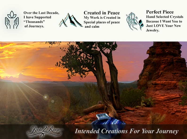 May include: A scenic sunset landscape with a tree in the foreground and a red rock formation in the background. The text "Rocks 2 Rings" and "Intended Creations For Your Journey" are visible at the bottom of the image.