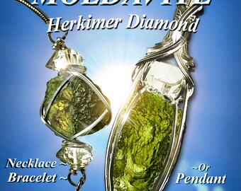 Genuine Moldavite Crystal with Large Herkimer Diamond Necklace Pendant Czech Republic Tektite Healing Stone, VERY high vibration Jewelry S61