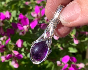 Purple Amethyst Pendant 925 Sterling Silver Wire Wrapped Jewelry with Black Leather necklace S30 Z