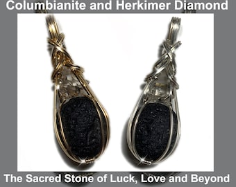 Genuine Colombianite Cintamani and Herkimer Diamond Necklace Pendant- Gold or Silver Tektite Healing Stones Jewelry CoH