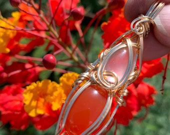 Carnelian Rose Quartz Crystal Necklace Pendant 14k - Gold Filled Deep Orange Pendant, Leather Necklace, Elegant Gift Box RC45